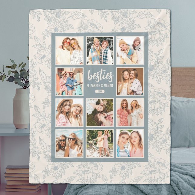 Elegant Besties BFF Photo Collage with Names Fleece Blanket (A pretty blue photo collage best friend bff blanket. Personalize with your photos for a unique gift)