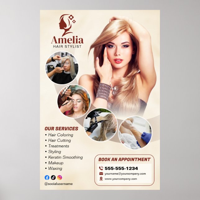 Elegant Biege Hair Stylist Salon Makeup Waxing Poster (Front)