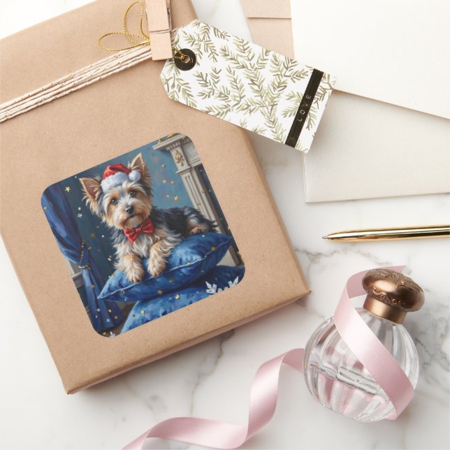 Elegant Biewer Terrier Dog Velvet Christmas Square Sticker (Gifting)