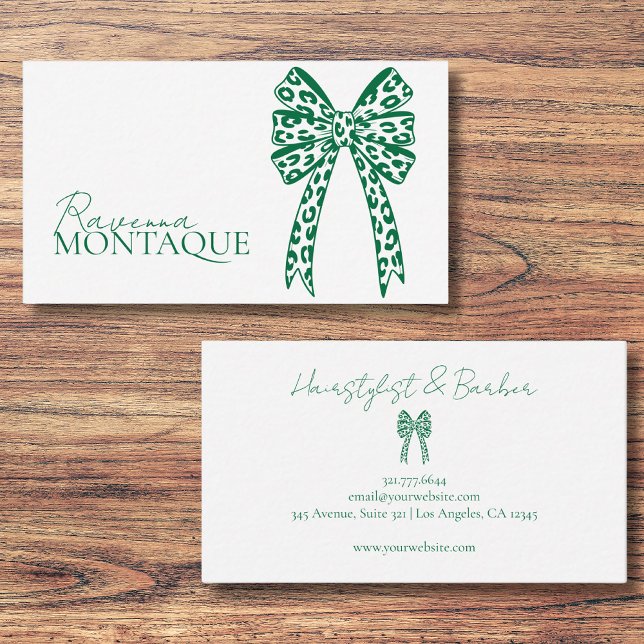Elegant Big Bottle Green Leopard Bow Custom Chic Business Card (Creator Uploaded)