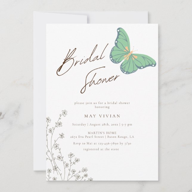 Elegant Big Butterfly & Wildflower Bridal Shower Invitation (Front)