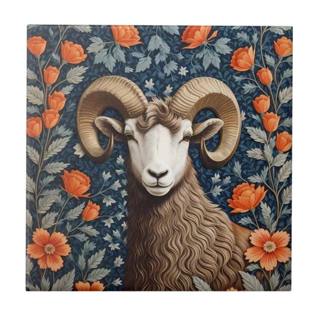 Elegant Big Horn Sheep William Morris Inspired  Tile (Front)