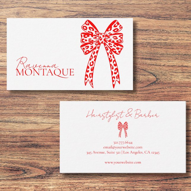 Elegant Big Neon Red Leopard Bow Custom Chic Business Card (Creator Uploaded)