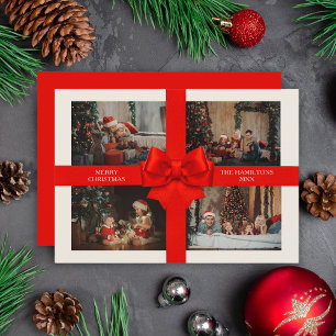 Elegant Big Red Ribbon Christmas Custom 4 Photo Holiday Card
