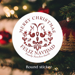 Elegant Bilingual Burgundy Birds Christmas Classic Round Sticker