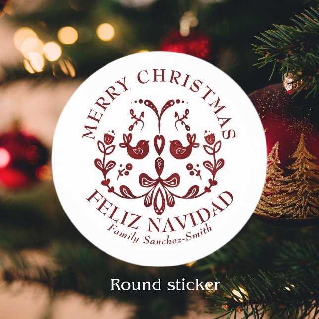 Elegant Bilingual Burgundy Birds Christmas Classic Round Sticker (Bilingual custom text, birds, Merry Christmas-Feliz Navidad Round stickers. Multilingual project)