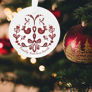 Elegant Bilingual Burgundy Birds Christmas Ornament