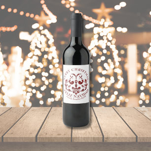 Elegant Bilingual Burgundy Birds Christmas Wine Label