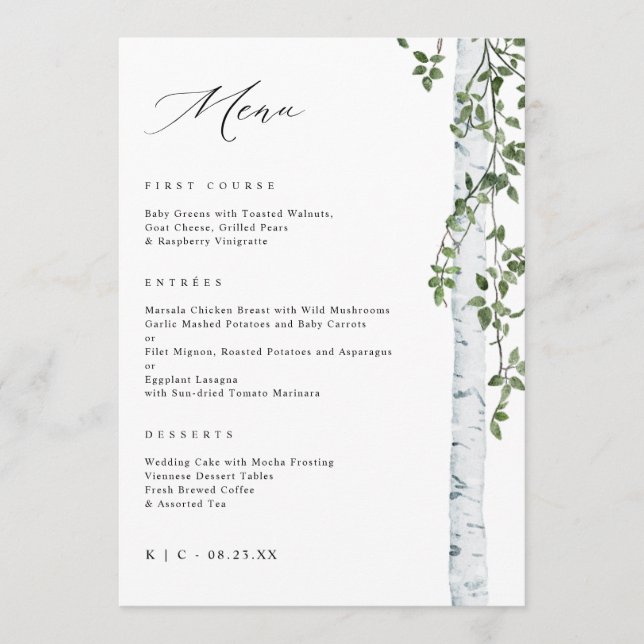 Elegant Birch Tree Aspen Greenery Wedding Menu (Front)