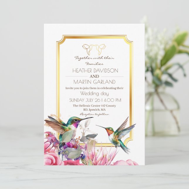 Elegant Birds Gold Garden Spring Floral Wedding Invitation (Standing Front)