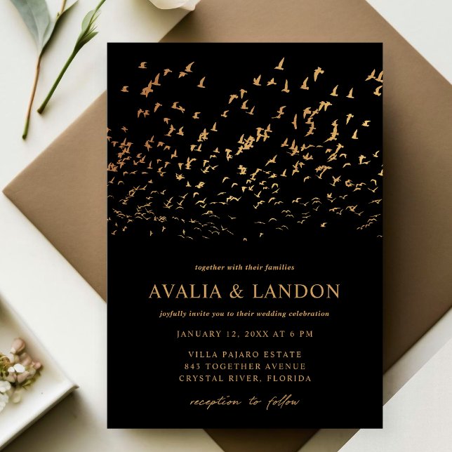 Elegant Birds of a Feather Black and Gold Wedding Invitation (Creator Uploaded)