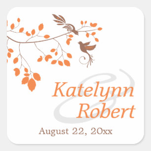 Elegant Birds On a Branch Orange and Brown Wedding Square Sticker