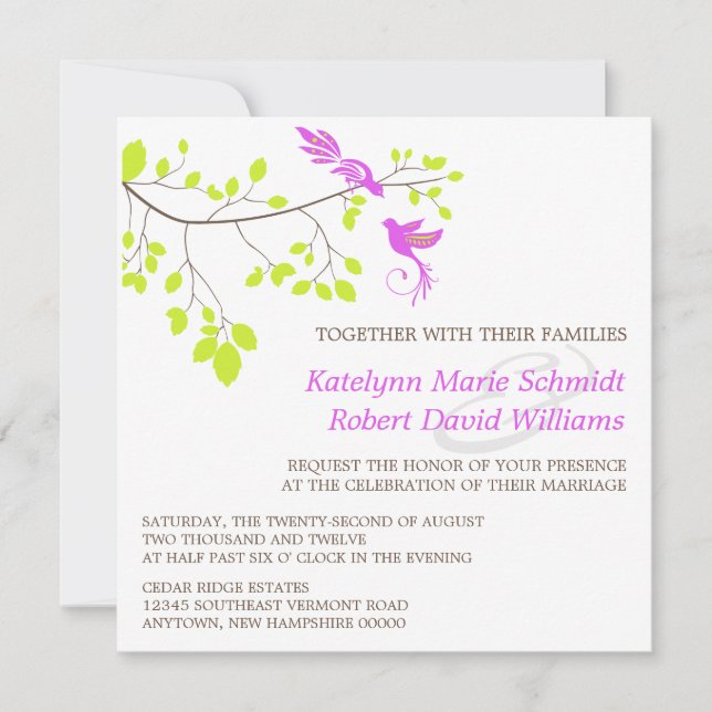 Elegant Birds On a Branch Purple And Green Wedding Invitation (Front)