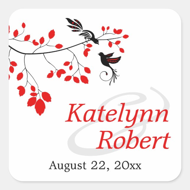 Elegant Birds On a Branch Red and Black Wedding Square Sticker (Front)