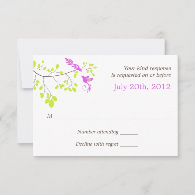 Elegant Birds On Tree Branch Purple and Green RSVP Card (Front)