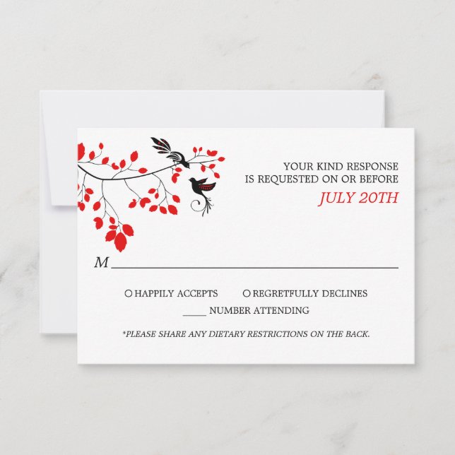 Elegant Birds On Tree Branch Red and Black RSVP Card (Front)