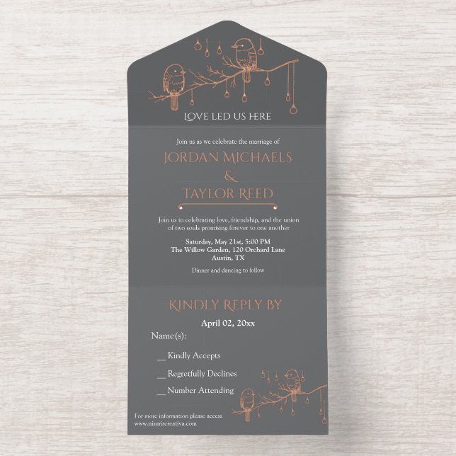 Elegant Birds Rose Foil Wedding  LGBTQ Friendly All In One Invitation (Inside)
