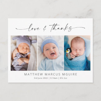 Elegant birth announcement, love and thanks photo  postcard