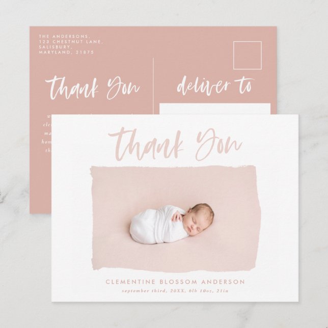 Elegant birth announcement photo thank you postcard (Front/Back)
