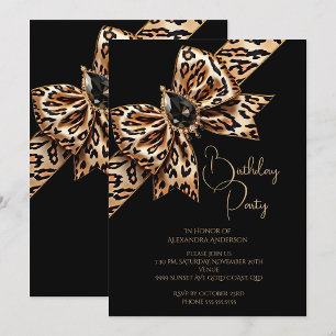 Elegant Birthday Black Gold Leopard Animal Bow Invitation
