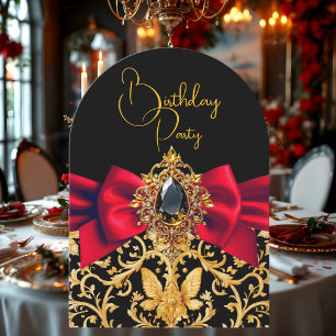 Elegant Birthday Black Gold Red Bow Jewel Damask Invitation