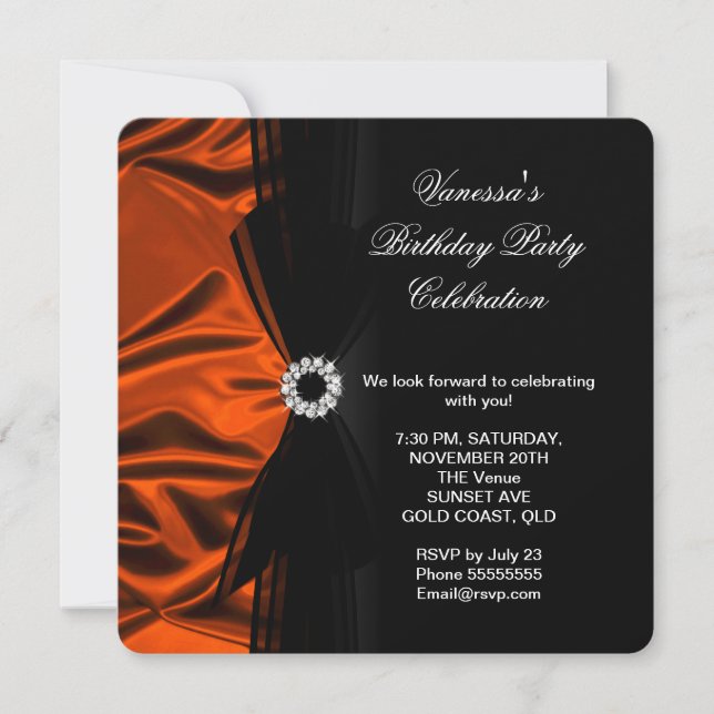 Elegant Birthday Burnt Orange Silk Look Black 2 Invitation (Front)