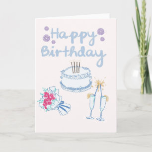 Elegant birthday card with cake, flowers & glasses