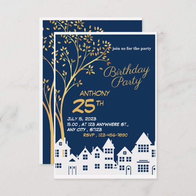 ELEGANT BIRTHDAY CART WITH TREE in the side RSVP Card (Front/Back)