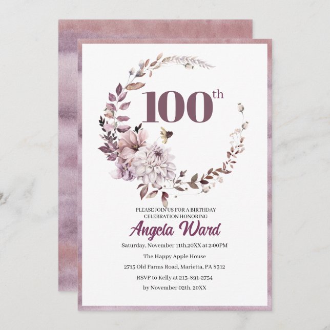 Elegant birthday celebration  floral glitter 100th invitation (Front/Back)