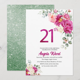 Elegant birthday celebration  floral glitter 21th invitation