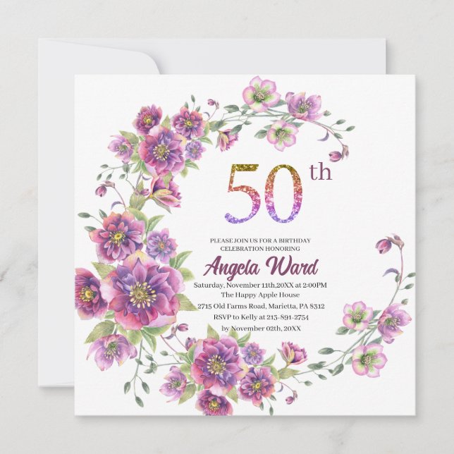 Elegant birthday celebration  floral glitter 50 th invitation (Front)