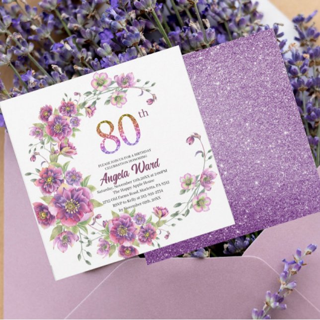 Elegant birthday celebration  floral glitter 80 th invitation (Creator Uploaded)