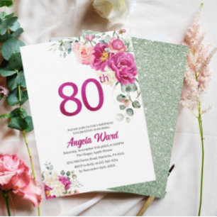 Elegant birthday celebration  floral glitter 80th  invitation