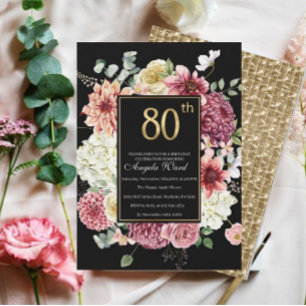 Elegant birthday celebration  floral glitter 80th  invitation