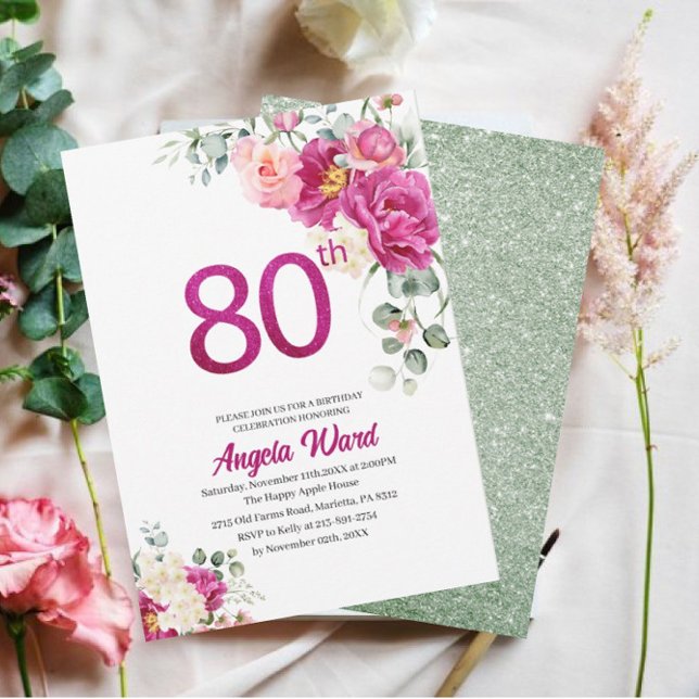 Elegant birthday celebration  floral glitter 80th  invitation (Creator Uploaded)