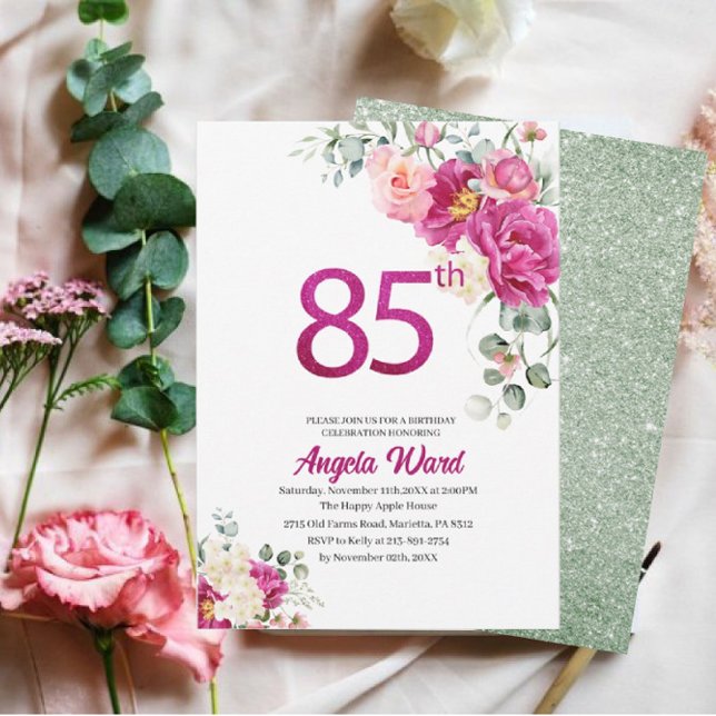Elegant birthday celebration  floral glitter 85th  invitation (Creator Uploaded)