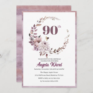 Elegant birthday celebration  floral glitter 90th  invitation