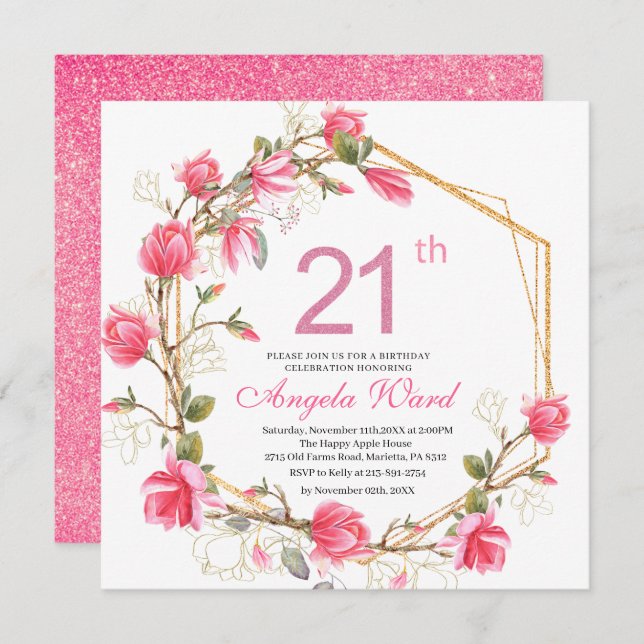Elegant birthday celebration watercolor magnolia f invitation (Front/Back)
