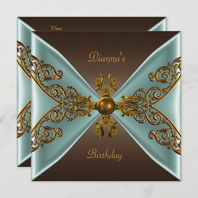 Elegant Birthday Coffee Brown Old Gold Teal Invitation (Front/Back)