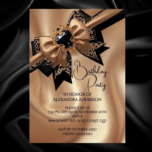 Elegant Birthday Coffee Gold Black Brocade Bow Gem Invitation (Creator Uploaded)