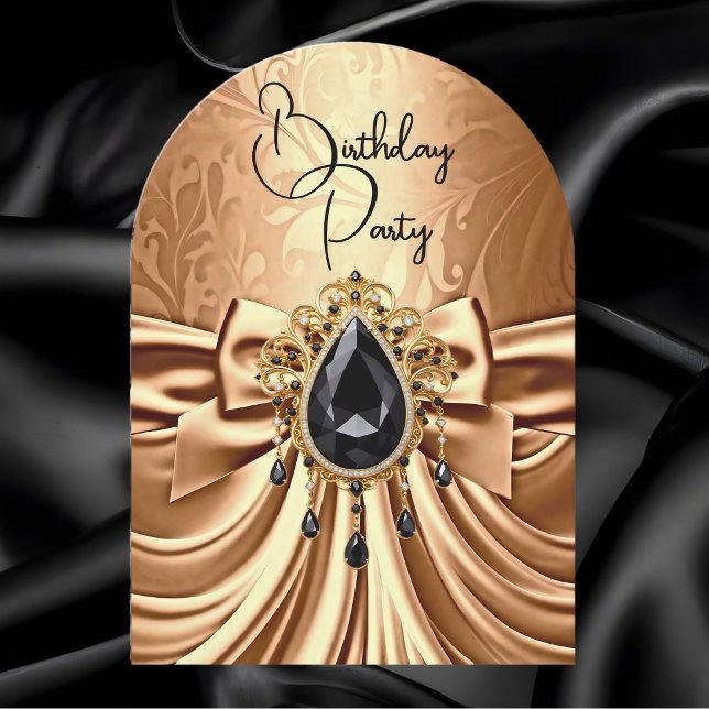 Elegant Birthday Copper Gold Black Jewel Bow Invitation (Creator Uploaded)