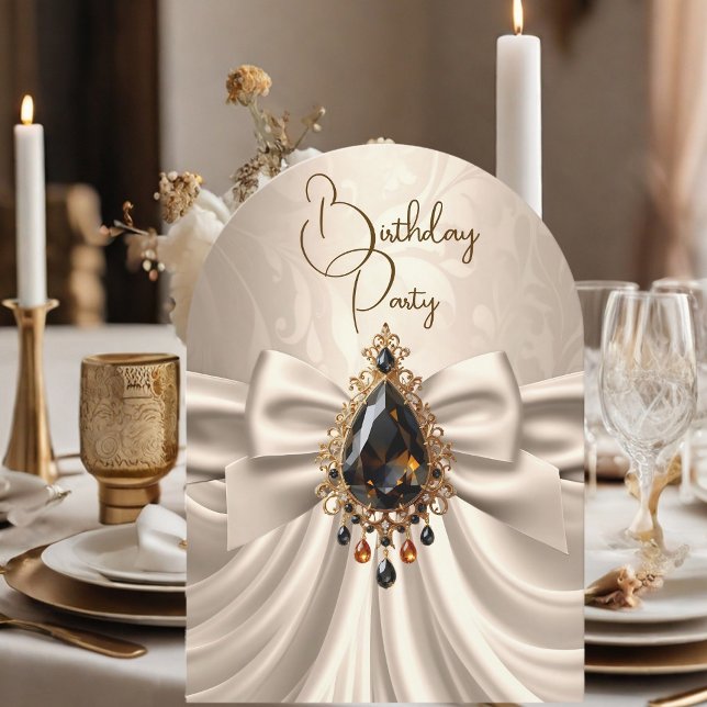 Elegant Birthday Cream Beige Gold Jewel Bow Invitation (Creator Uploaded)