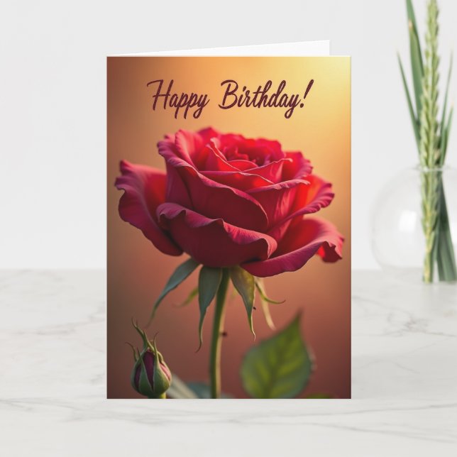 Elegant Birthday Crimson Bloom Card (Front)