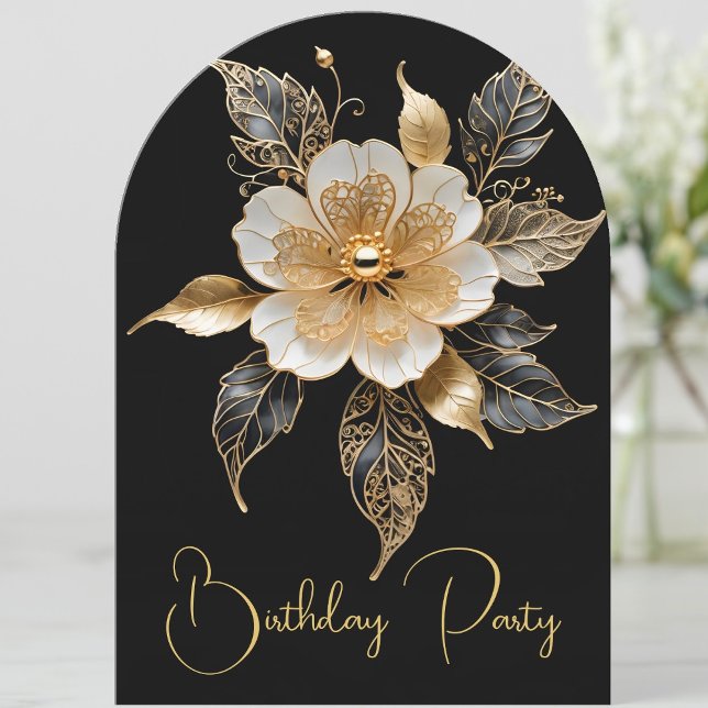 Elegant Birthday Gold Black White Flower Invitation (Creator Uploaded)