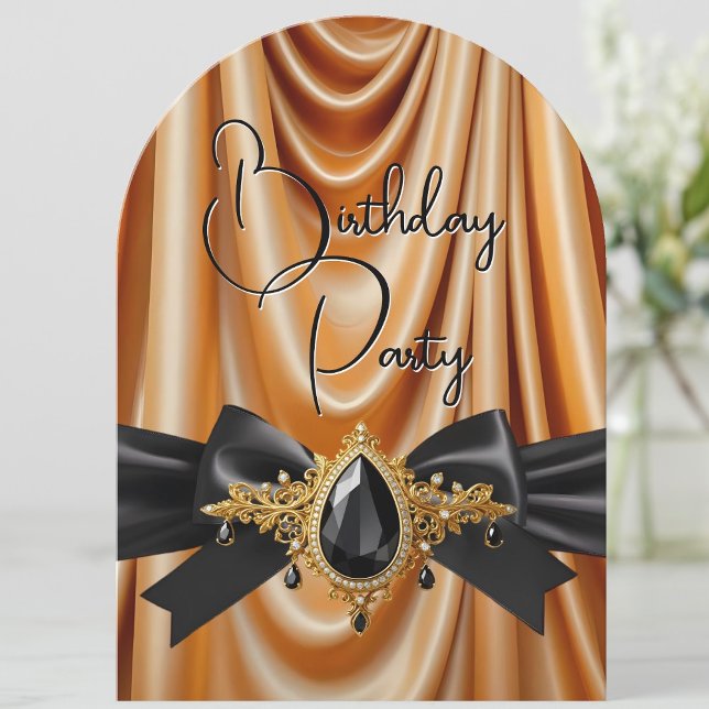 Elegant Birthday Gold Silk Jewel Bow Black Invitation (Creator Uploaded)
