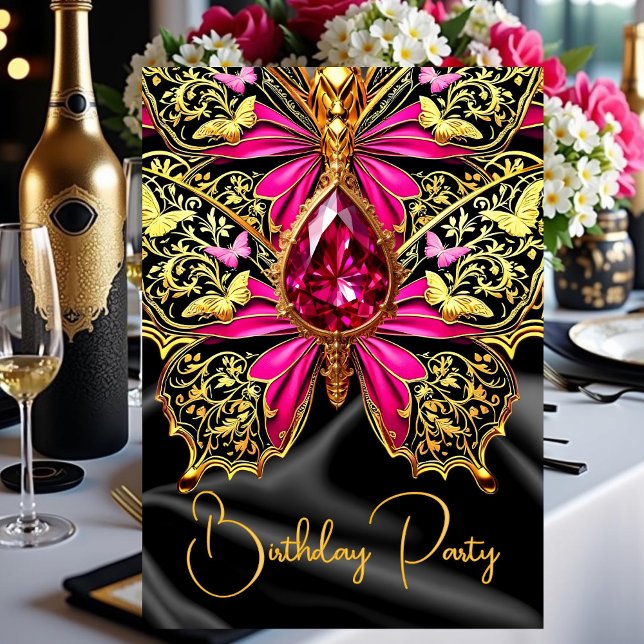 Elegant Birthday Hot Pink Black Gold Jewel Invitation (Creator Uploaded)