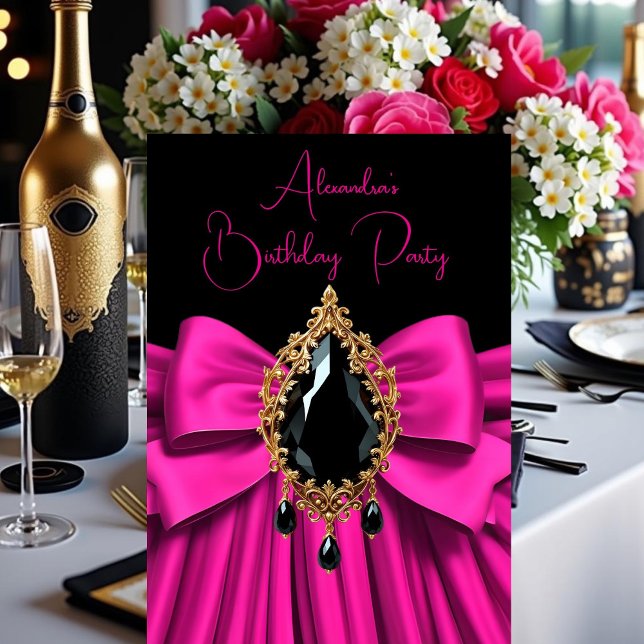 Elegant Birthday Hot Pink Gold Jewel Bow Black Invitation (Creator Uploaded)