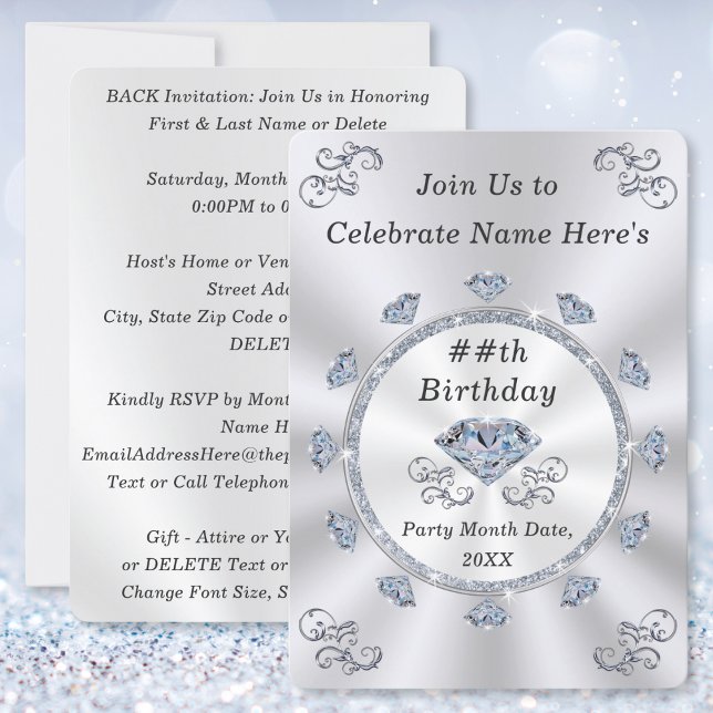 Elegant, Birthday Invitations for Adults, ANY YEAR (60th birthday party invitations for her. Diamond birthday party ideas. 75th birthday invitations.)