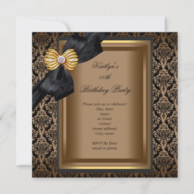 Elegant Birthday Party Black Damask Coffee Gold Invitation (Front)