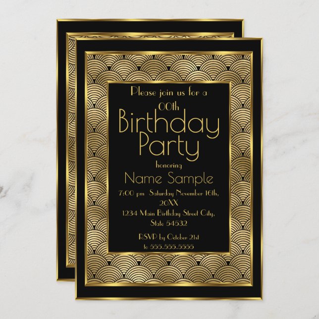 Elegant Birthday Party Black Gold Art Deco 1930's Invitation (Front/Back)